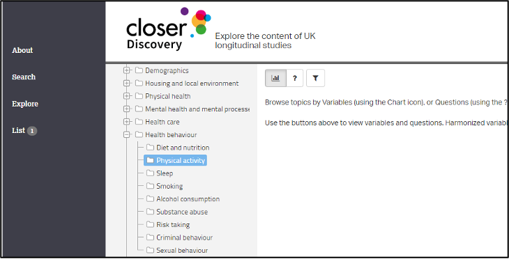 Screenshot of explore menu on CLOSER Discovery