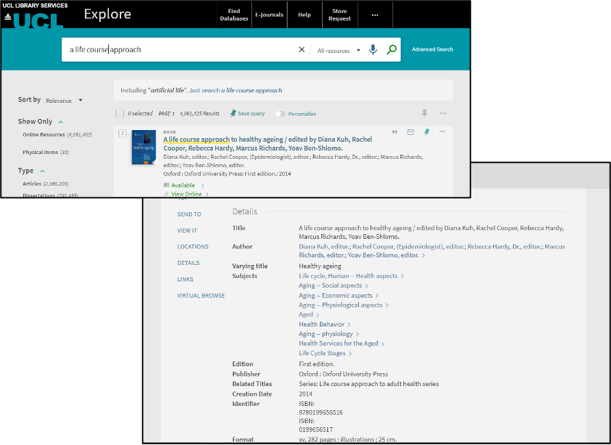 Screenshot of the UCL library online catalogue with search results for the book, A life course approach.