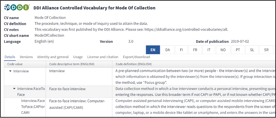Screenshot of the DDIA Controlled Vocabulary webpage