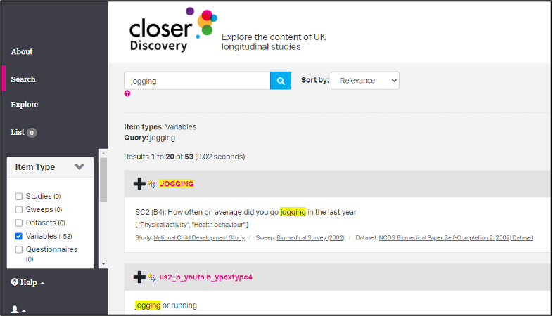 Screenshot of search results for the term "jogging" in CLOSER Discovery